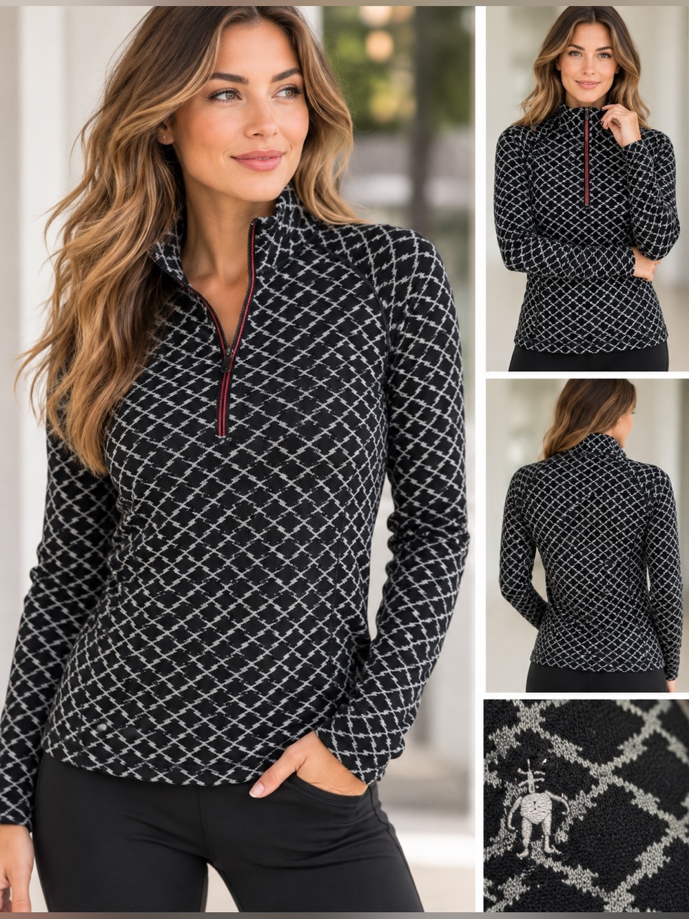 Smartwool Merino Wool 1/4 Zip Black Gray Geometric Base Layer Pullover